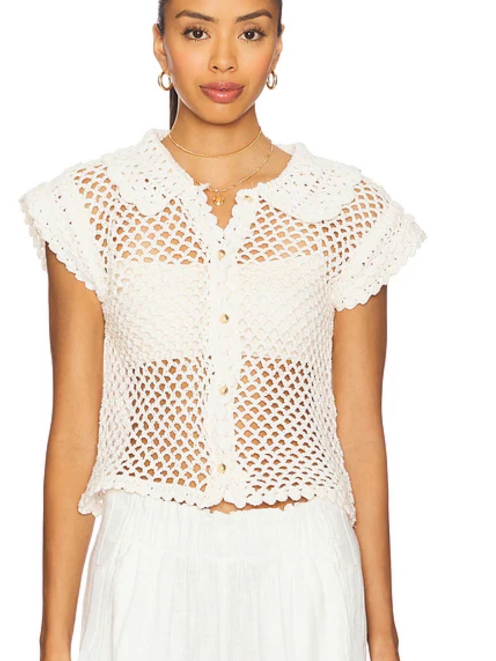 Free People Cream Crochet Button-Front Short Sleeve Top - Picture 2 of 4